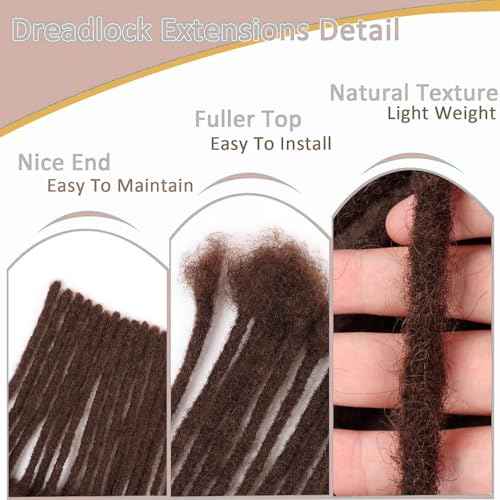 Handmade Human Hair Dreadlocks, 0.6cm/20strands Dreadlock Extension 100% Full Handmade Permanent Dreadlock Extension for Women/Men/Kids Can Be Dyed Bleached 18 inches Color 4#