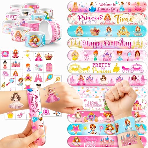 72PCS Little Princess Party Set - 48PCS Temporary Tattoos & 24PCS Slap Bracelets - Cute Birthday Supplies, Baby Shower Gifts, Classroom Rewards & Princess-Themed Decor for Girls