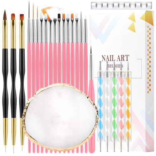 25 Piece Nail Art Tools, Nail Brush Set,Palette, Stand & 2-way Acrylic Silicone Engraving Pen Dotting Pen Tools,For Nail Art DIY Home