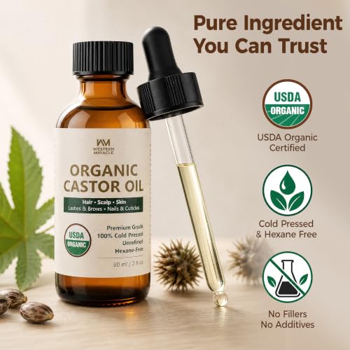 WM Western Miracle USDA Organic Cold Pressed Castor Oil 2 Fl Oz for Hair, Lashes & Brows