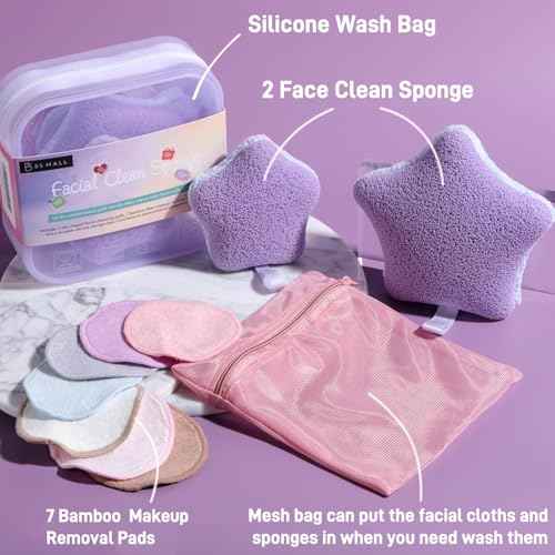 BS-MALL Gentle Facial Sponge -10 Pcs Set Face Clean Sponges Reusable Makeup Removal Pads Clean Deep Down Dirt & Makeup Using Only Water, Gentle Exfoliator Cleansing Puff,with Silicone Travel Bag
