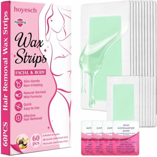 hoyesch Face & Body Wax Strips Hair Removal Kit - 60 Count with 4 Calming Wipes