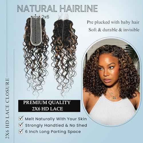 ALHER F1B/27 Black and Blonde Highlight Water Wave Bundles with 2x6 Long Deep Part Lace Closure, 12A Wet n Wavy Bayalage Ombre Colored Bundles with Closure 100% Virgin Remy Human Hair 12 14 16+12 IN