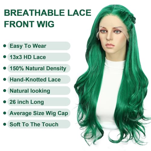 Dark Green Lace Front Wig 13x3 Synthetic Lace Front Wigs Loose Curly for Women 24 Inch Long Wavy Daily Party Use Body Wave Heat Resistant 150% Density