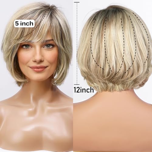 Haircube Short Ombre Blonde Wig with Lace Front, Hand-Tied, Layered Bob w/ Bangs (Blonde Mixed Brown)