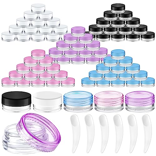 Jinei 500 Pcs 3g Empty Sample Containers with Lids Bulk Small Plastic Sample Jars Round 3ml Tiny Clear Lip Balm Lotion Pot and 50 Pcs Mini Cosmetic Spatula for Make up Powder Oils Paint Creams