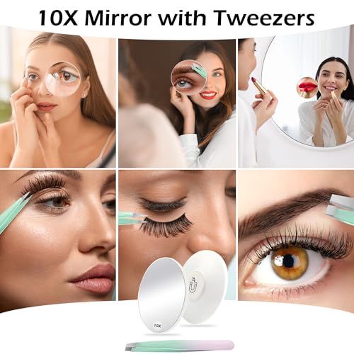 Tweezers and 10X Magnifying Mirror Kit with Travel Leather Case, Eyebrow Tweezer Set for Women & Men, Great Precision for Facial Hair, Splinter and Ingrown Hair Removal - Starry Green