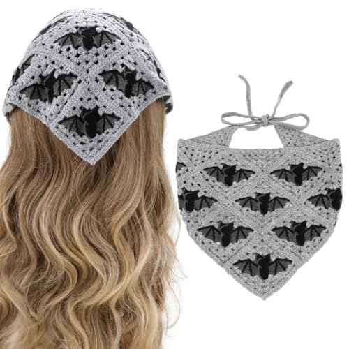 Gothic Crochet Headbands Bat Pattern Bandana for Women, Cotton Knit Triangle Headband Greyscale Halloween Style Head Scarf Christmas Vintage Crochet Hair Styling Decor