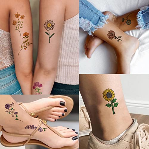 Tazimi 12 Sheets Temporary Tattoos - Watercolor Flower & Lavender Sunflower Violet Rose Tattoo Stickers for Women & Kids