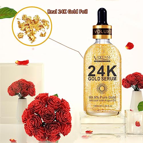 Voluxss 24K Gold Serum for Face, Skin Brightening Anti Aging Moisturizer with Vitamin C, Hyaluronic Acid & Argan Oil for Dark Spots & Fine Lines, Korean Skin Care Glow Collagen Booster Serum 3.38fl.oz