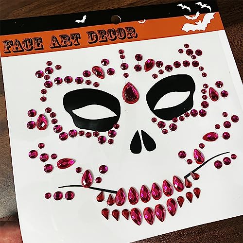 6-Pack Skull Face Gems Jewels,Day of the Death Halloween Temporary Face Tattoos Fake Face Jewelry