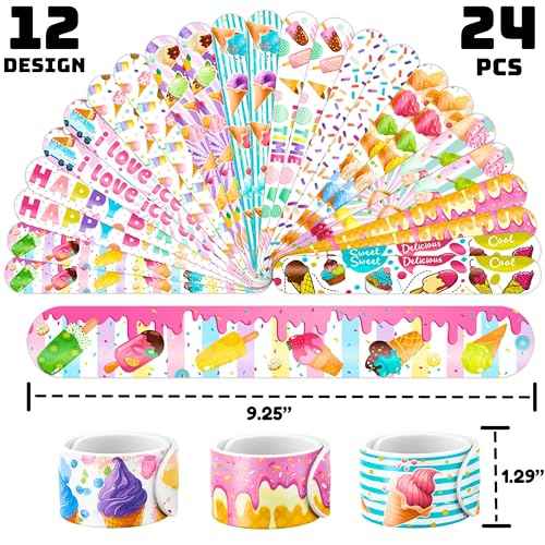 72 PCS Ice Cream Party Set - 48 Temporary Tattoos & 24 Slap Bracelets - Perfect for Themed Parties, Baby Showers, Classroom Rewards & Gifts for Kids