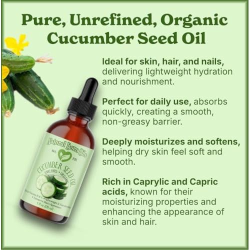 8oz Cucumber Seed Oil, 100% Pure and Natural, Cold-pressed, Unrefined, Moisturizer for Skin and Hair - Includes Pump & Flip Cap