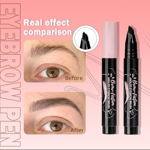 Tawny Brown Angled Eyebrow Pen with Spoolie Brush, Waterproof Microblading Brow Pencil for Natural Hair-Like Strokes, Smudge-Proof Longwear Eyebrow Pen for Filling Sparse Brows & Full Defined Arches