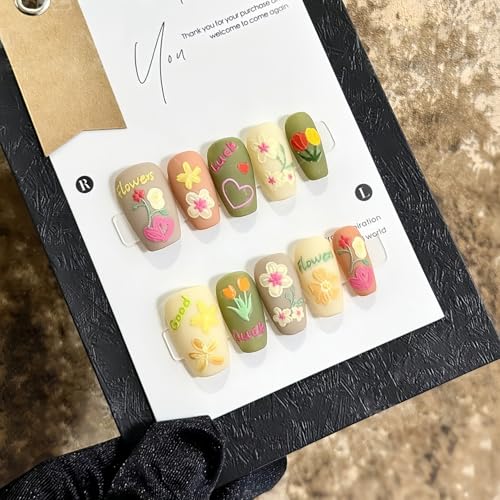 THCEVRLA Handmade Press On Nail Nails Medium Short Go Holiday Coffin Ballerina Fake Tip 3D Gel Design Art Charms Cute with Storage Box 10 Pcs Women's gift (S,Go Holiday)