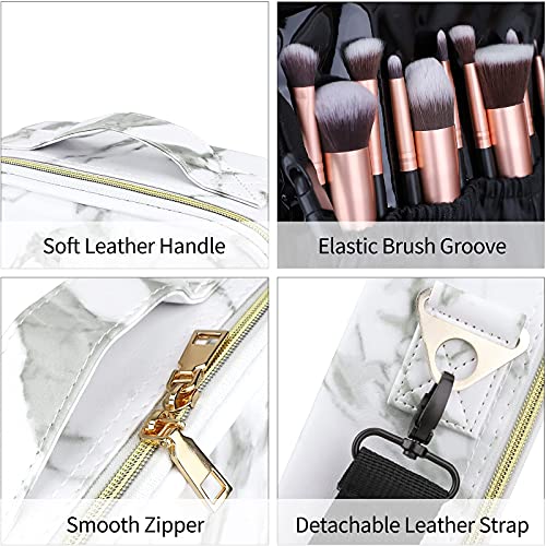 Travel Makeup Bag 10.4 Inches Portable Makeup Train Case Cosmetic Bag Organizer with Adjustable Dividers and Shoulder Strap for Cosmetics Brushes Toiletry Jewelry Digital Accessories (Marble)