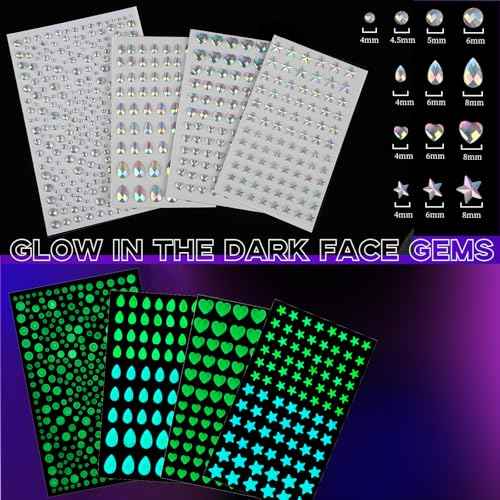 YGDZ Glow in The Dark Body Glitter, Face Glitter Gel, Mermaid Face Gems Kit, Hair Glitter Jewels for Makeup, Festival Outfits for UV Black Light Party, Rave Accessories for Women