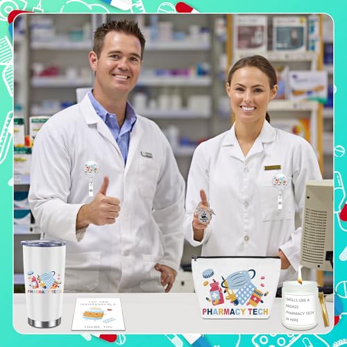 6Pcs Christmas Pharmacy Technician Appreciation Gifts Include Cup Portable Cosmetic Bag Badge Keychain Aromatherapy Thank You Card Pharmacy Technician Accessories for Doctors Nurses Week Gift Supplies