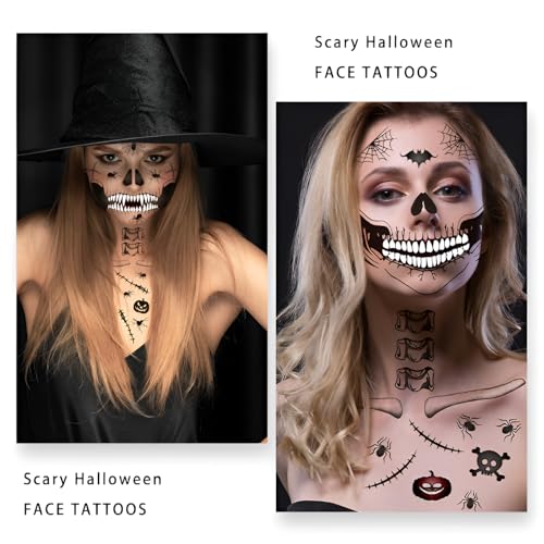 Skull & Creepy-Mouth Temporary Tattoo Stickers, 4-Pack