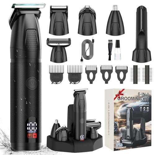 6-in-1 Men's Grooming Kit, Cordless Beard Trimmer & Hair Clipper for Men with Nose Hair Trimmer & Mustache Trimmer Attachments, Waterproof USB Rechargeable Personal Care Set, Gifts for Men