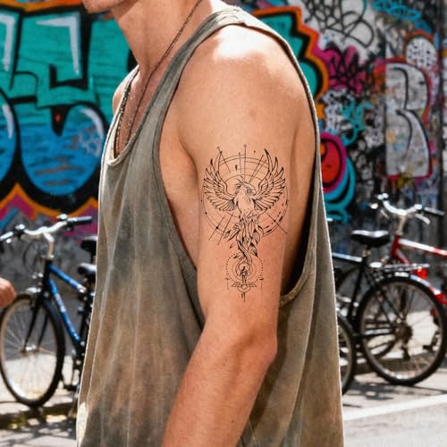 Geometric Orbit Phoenix Temporary Tattoo - 2 Sheets, Waterproof