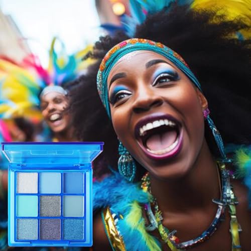 9 Colors Blue Eyeshadow Palette,Mardi Gras Carnival Pressed Pigment Glitter, Corpse Bride Waterproof Eye Shadow Pallete Metallic Silver Matte Shimmer Makeup Powder Long Lasting,Blue