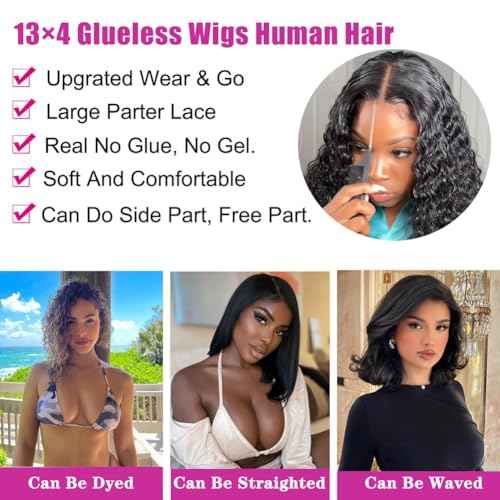 Glueless Wigs Human Hair Pre Plucked Pre Cut Wear and Go Glueless Wig 13x4 HD Deep Wave Lace Front Wigs Human Hair for Black Women Frontal Wigs with Natural Hairline 180% Density 14 Inch