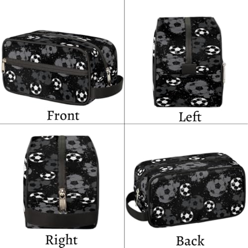 Kids Travel Toiletry Bag - Black White Soccer Ball Waterproof Hanging Cosmetic Hygiene Bags for Boys Men - Large Shave Kit for Toiletries Accessories Bathroom Stuff
