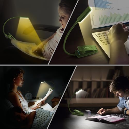 Gritin 9 LED Rechargeable Book Light for Reading in Bed -Eye Caring 3 Color Temperatures,Stepless Dimming Brightness,80 Hrs Runtime Small Lightweight Clip On Book Reading Light for Studying-White