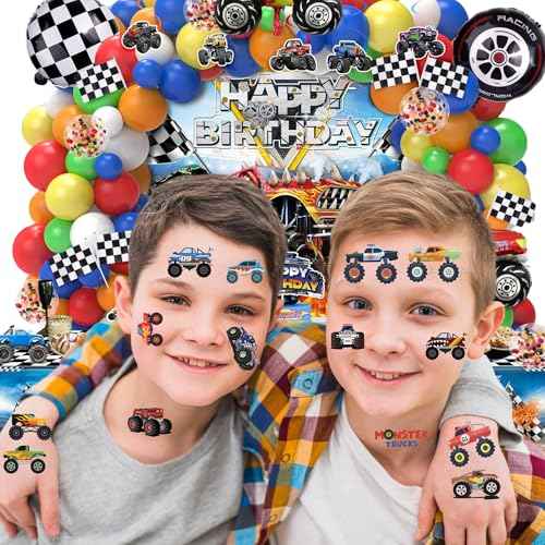 50 PCS Monster Trucks Temporary Tattoos for Kids, Monster Truck Fake Tattoos for Birthday Party Supplies Racing Car Checkered Flag Trophy Flame Tattoo Stickers for Kids Boys Girls Party Bag Filler