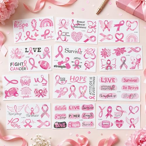 Glitter Breast Cancer Ribbon Temporary Tattoos, 12 Sheets