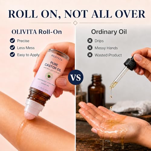 OLIVITA Organic Castor Oil with Rose Quartz Roller for Face & Brows