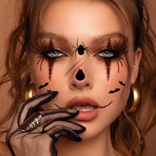8 Sheets Halloween Eyeshadow Face Eye Makeup Tattoo Stickers Spider Web Horror Temporary Tattoos for Halloween Carnival Party Decoration