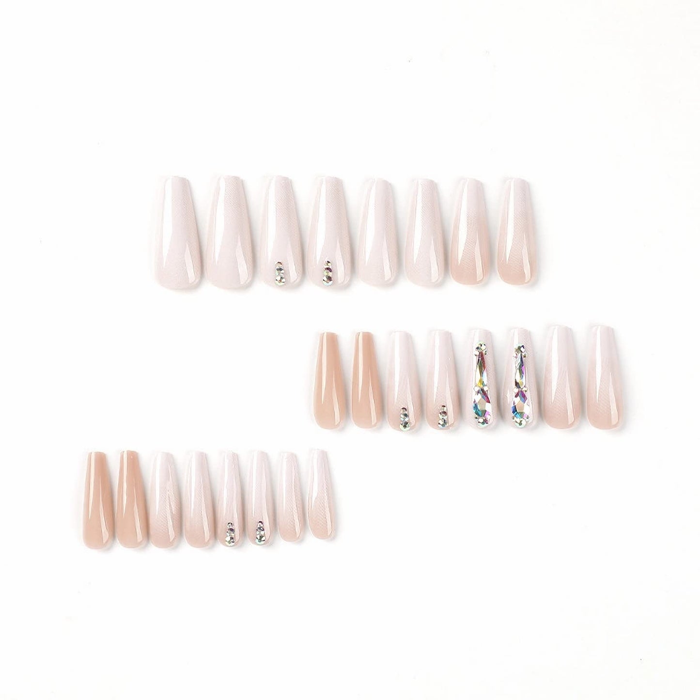 MISUD 24 pcs Coffin Press on Nails Long Ballerina Fake Nails Glossy Glue on Nails Natural Gradient Acrylic Nails Nude White Artificial Nails 3D Rhinestone Stick on False Nails with Design 24 pcs