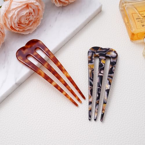 HYFEEL 3-Prong Hair Pins for Thick Hair - Tortoise & Brown