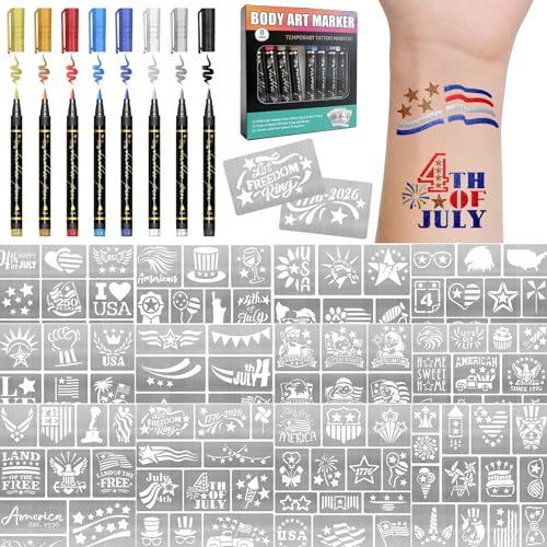 4th of July Temporary Tattoo Markers - 12 Reusable Stencils & 8 Metallic Pens