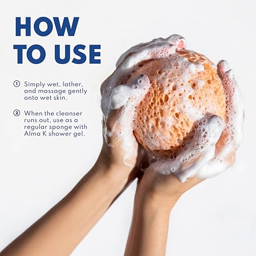 Alma K Soap Infused Bath Sponge - Bath & Shower Loofah for Women - Exfoliating Body Scrubber with Sweet Almond and Aloe Vera - White Tea and Neroli Scent - Use 20 Plus Times - 4.05 oz