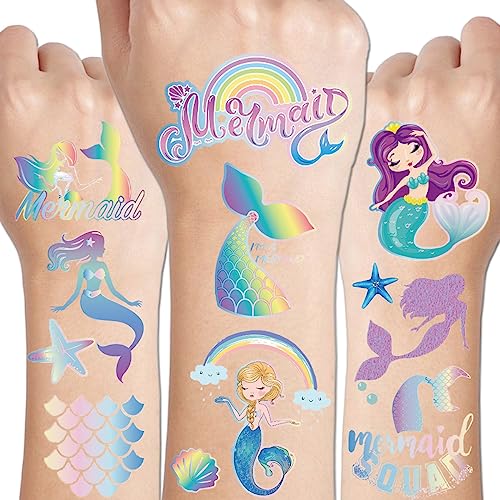 100 Glitter Styles Mermaid Temporary Tattoos for Girls - 6 Sheets, 100 PCS, Waterproof & Sweat-resistant, Safe for Kids, Ages 3+