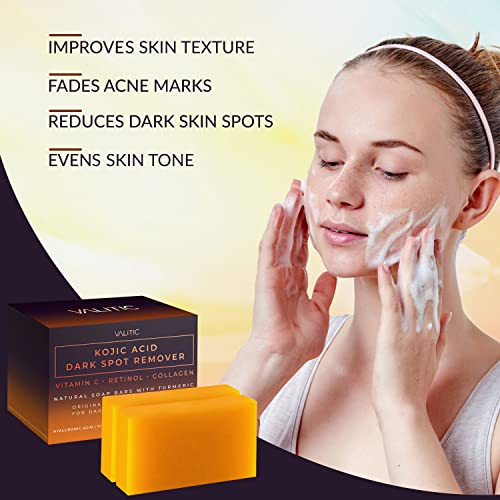 Valitic 2 Pack Kojic Acid Dark Spot Corrector Soap Bars with Vitamin C, Retinol, Collagen, Turmeric - Original Japanese Complex with Hyaluronic Acid & A Pair of Black Exfoliating Gloves for Body Scrub