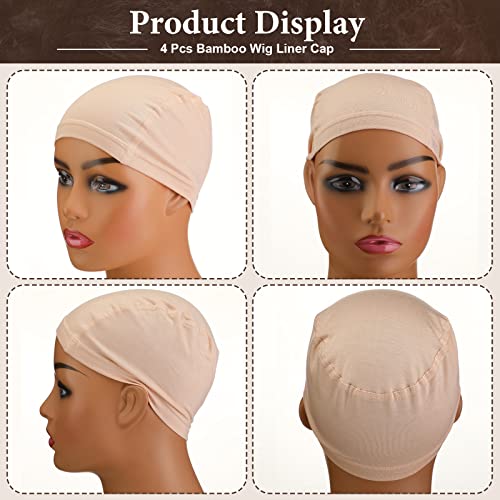 4 Pcs Bamboo Fiber Wig Cap Bamboo Wig Liner Cap for Women Hairloss Elastic Breathable Bald Cap Under Wigs (Beige)