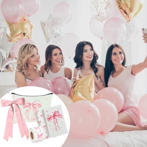 Coquette Pink Bow Stuff Gift Set with Bow Cup, Preppy Makeup Bag, Bow Notebook, Keychain Accessories Bow Themed Presents for Girls Women