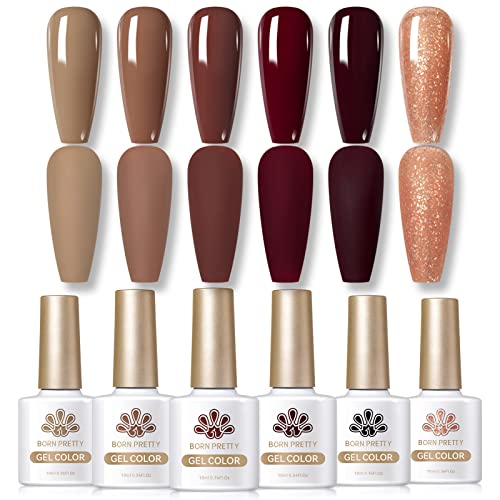 Born Pretty Fall Winter Halloween Gel Nail Polish Burgundy Wine Red Caramel Brown Coffee Autumn Gel Polish Set Gel Nail Kit Christmas Gift Nail Art Manicure Collection 6PCS 7ML