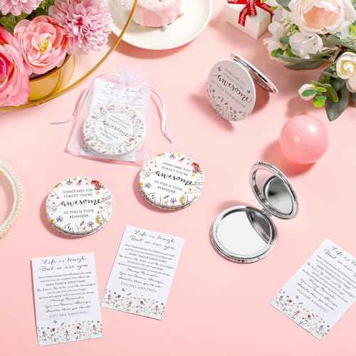 Geetery 24 Sets Christmas Inspirational Compact Mirror Gifts for Women Bulk Reminder Sisterhood Double Sided Folding Thank You Gifts for Employee Coworker Volunteer Team Worker Staff (Wildflower)