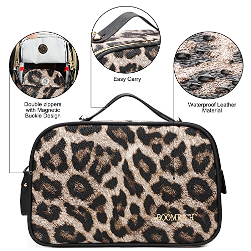 BOOMRICH Large Travel Makeup Bag, Cosmetic Bag, Toiletry Bag for Women, Water-Resistant Leather Toiletry Organizer, Dopp Kit for Toiletries Accessories, Leopard
