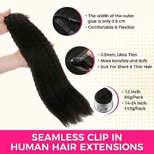 Lashey Clip in Hair Extensions Real Human Hair 110g Kinky Straight Seamless Clip in Hair Extensions Natural Black 14 Inch Human Hair with Invisi Edge for Black Women