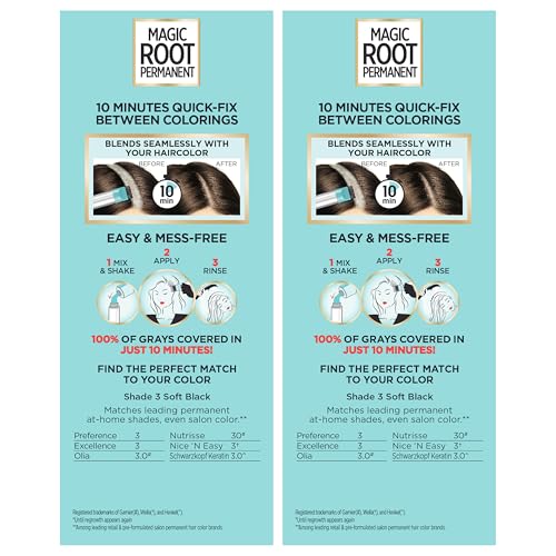 L'Oreal Paris Magic Root Rescue 10 Minute Root Hair Coloring Kit, Permanent Hair Color with Quick Precision Applicator, 100 percent Gray Coverage, 3 Soft Black, 2 count