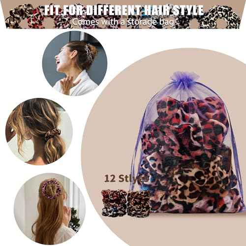 12 Pcs Scrunchies for Women, Girls Velvet Bulk Hair Scrunchie, Elastic Soft Ponytail Holder Hair Ties, Classic Hair Bands Perfect for Girls Hair Accessories(Leopard Print)