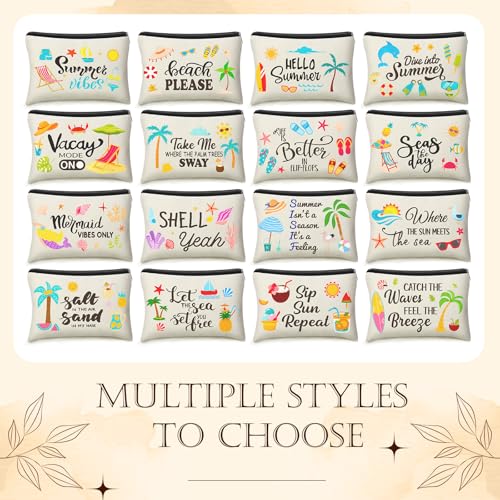 Kacctyen 16 Pcs Beach Makeup Bag Summer Cosmetic Bag Bulk with Zipper Portable Beach Essentials Kit Survival Kit Travel Make up Pouch Storage Pouch for Women Large Capacity Gift Travel(Summer)