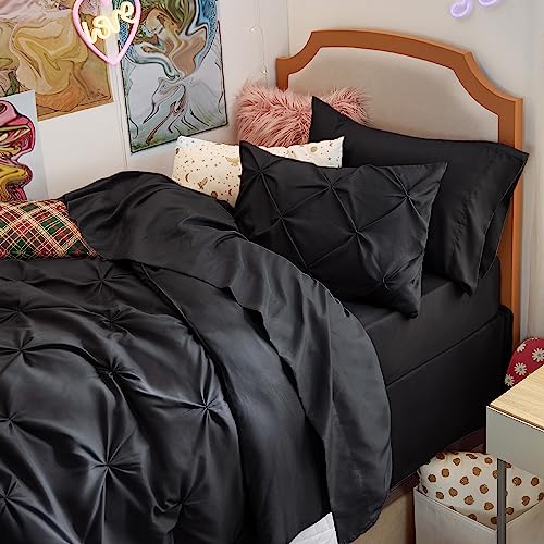 Bedsure Black Twin Comforter Set with Sheets - 5 Pieces Twin Bedding Sets, Pinch Pleat Twin Bed in a Bag with Comforter, Sheets, Pillowcase & Sham