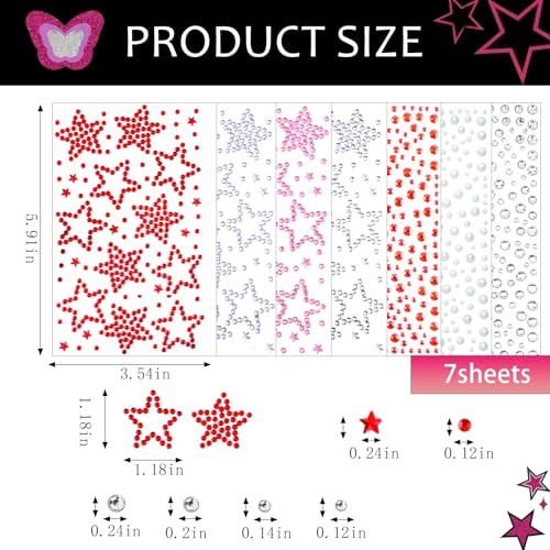 Self-Adhesive Face Gems Stickers with Star Rhinestones, 7 Sheets